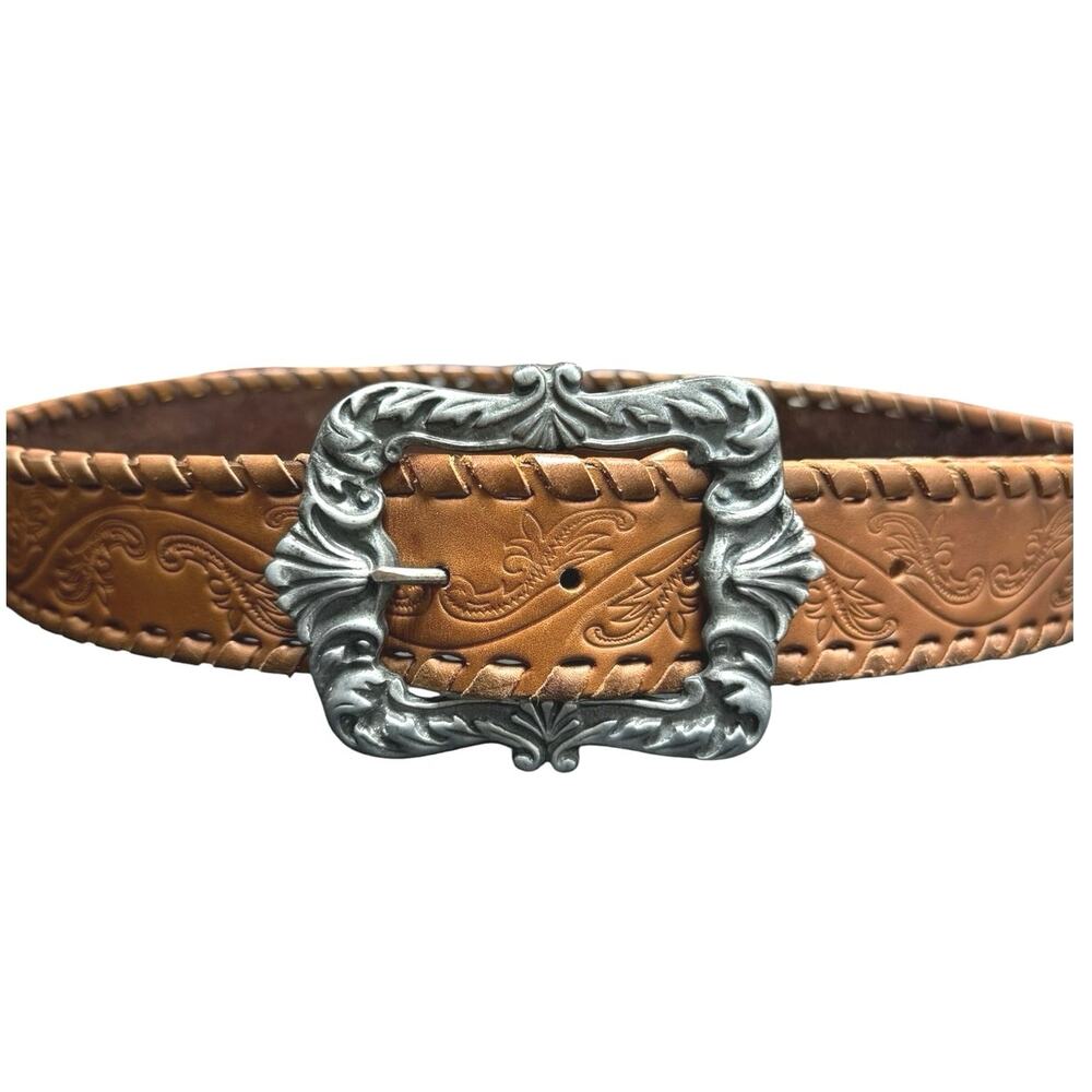 Streets Ahead Brown Tooled Leather Western Belt Ornate Silver Buckle USA 42”